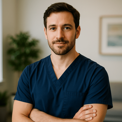 alt_text : Un professionnel en uniforme bleu marine, dans un cadre moderne et apaisant, inspire confiance.