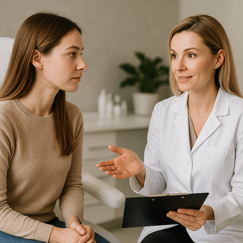alt_text : Dialogue ouvert en médecine esthétique, promouvant éthique et transparence dans un cadre soigné.