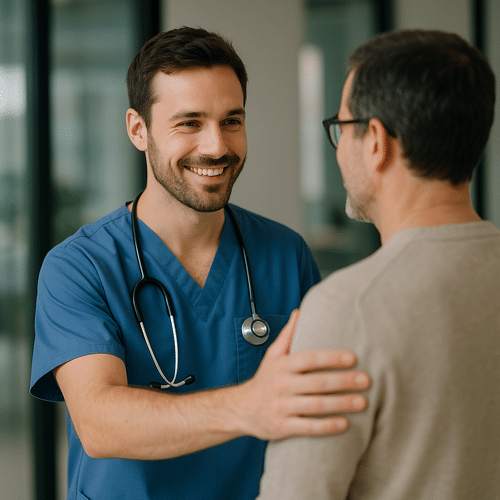 alt_text : Accueil chaleureux d'un patient par un soignant en bleu, créant confiance dans un cadre moderne.