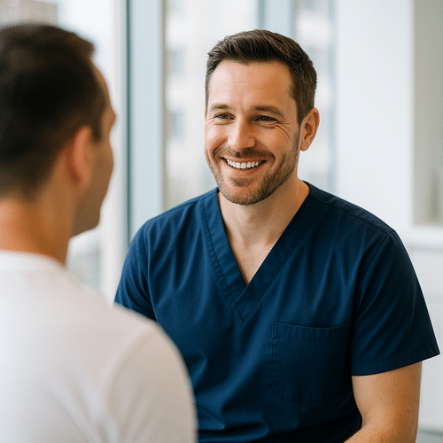 alt_text : Un professionnel en uniforme bleu marine sourit chaleureusement à un patient dans un cadre moderne et lumineux.