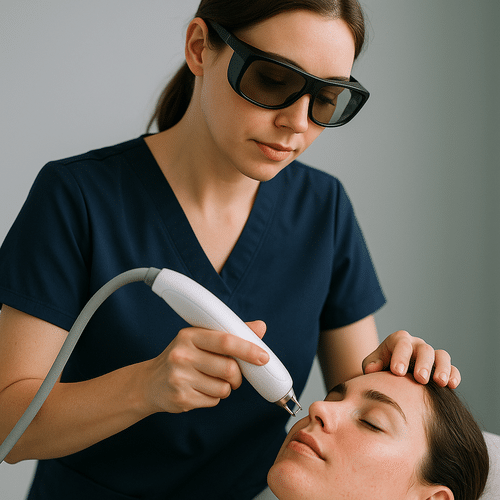 alt_text : Couverture moderne et épurée sur la beauté laser, pro en uniforme bleu marine avec un patient.