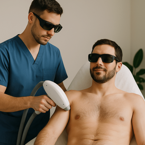 alt_text : Scène épurée avec médecin en uniforme bleu, patient, décor minimaliste inspirant confiance.