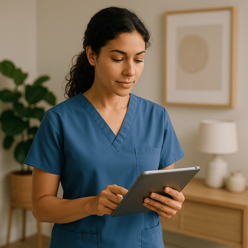 alt_text : "Professionnelle en uniforme bleu, examinant une tablette dans un cadre esthétique moderne et apaisant."