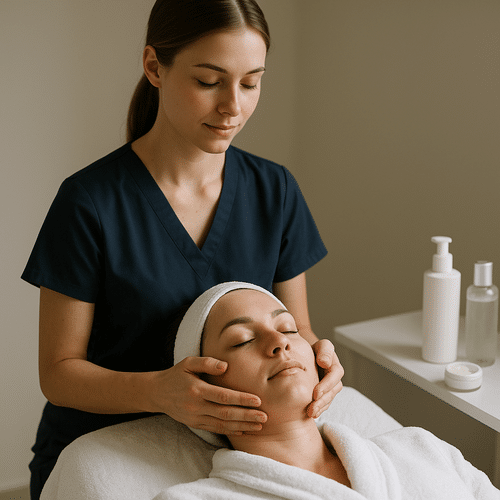 alt_text : Scène sereine de soins esthétiques avec professionnel en uniforme bleu marine, style épuré.
