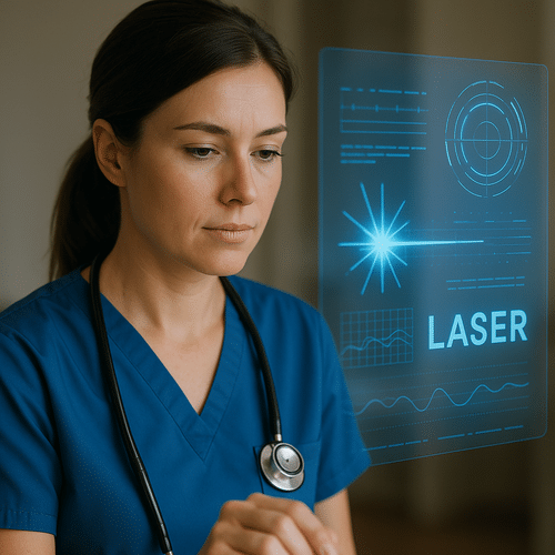 alt_text : Un médecin en uniforme bleu consulte des données holographiques, symbolisant l'innovation laser.