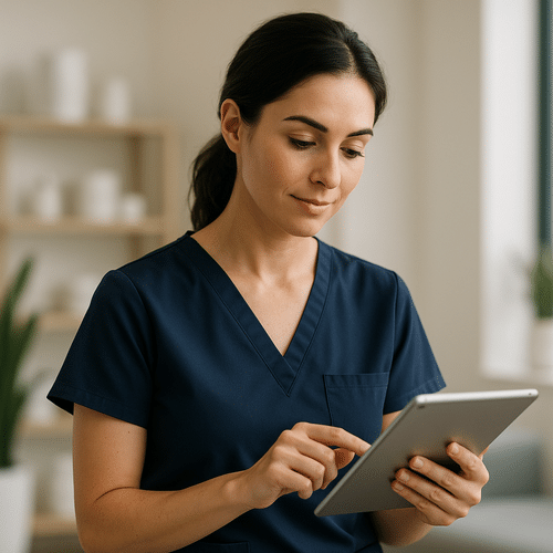 alt_text : Un professionnel en uniforme bleu marine consulte une tablette dans un cadre moderne et serein.