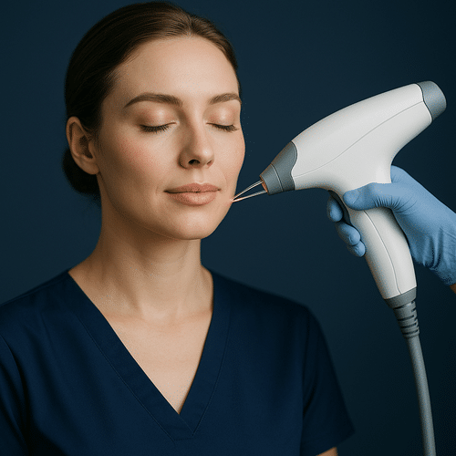 alt_text : « Couverture élégante, pro santé en bleu marine, éléments laser, ambiance calme et confiante. »