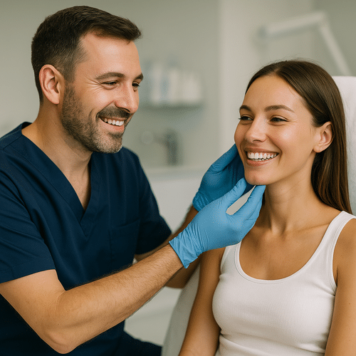 alt_text : Un expert en uniforme bleu marine, présentant des soins esthétiques, sourit à une cliente radieuse.