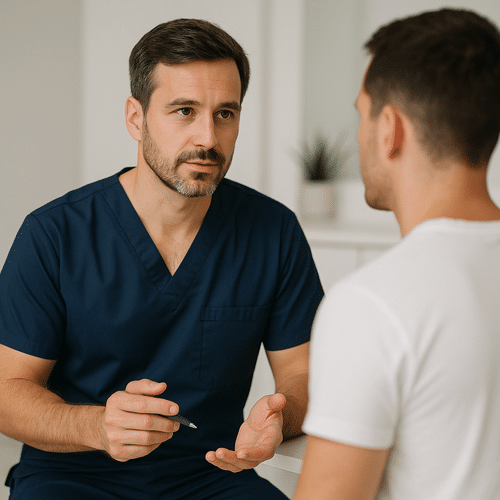alt_text : Un médecin en uniforme bleu marine, attentif, discute avec un patient dans un cadre moderne et épuré.