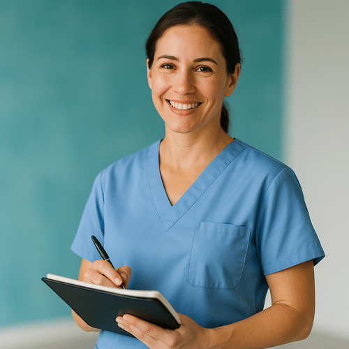 Professionnel souriant en uniforme, carnet en main, dans un décor apaisant turquoise et blanc.