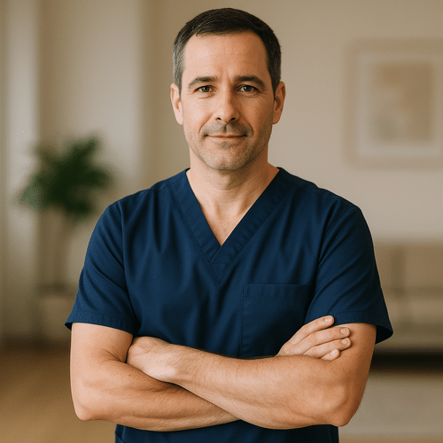 alt_text : Un professionnel de santé en uniforme bleu marine dans un espace moderne et apaisant, sans équipements.