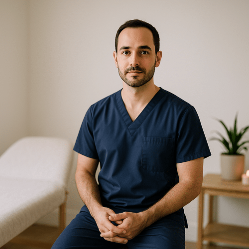 alt_text : Un professionnel de santé en bleu marine attend un patient dans une salle minimaliste et apaisante.