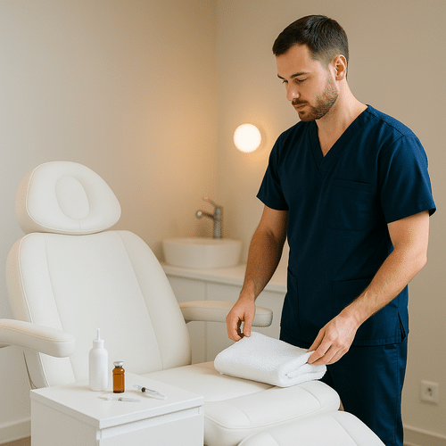 alt_text : Salle de soins esthétique moderne; professionnel en uniforme bleu prépare l'espace. Ambiance apaisante.