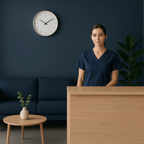 alt_text : Salle d'attente moderne et calme, déco minimaliste bleu marine, réceptionniste en uniforme assorti.