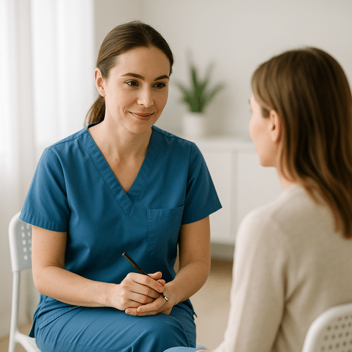 alt_text : Un médecin en uniforme bleu consulte un patient dans un espace moderne et épuré, lumineux et apaisant.