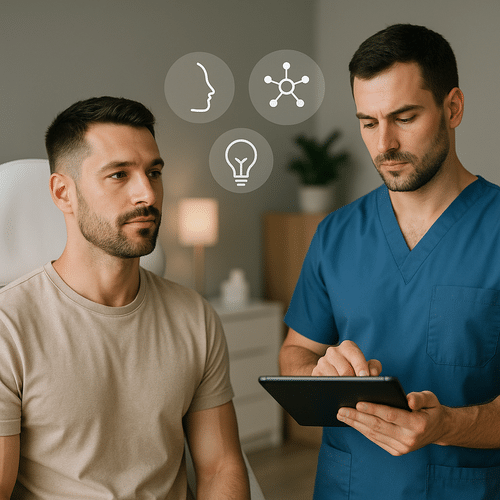 alt_text : Cabinet moderne et apaisant, pro en uniforme bleu analyse sur tablette, symboles d'innovation.
