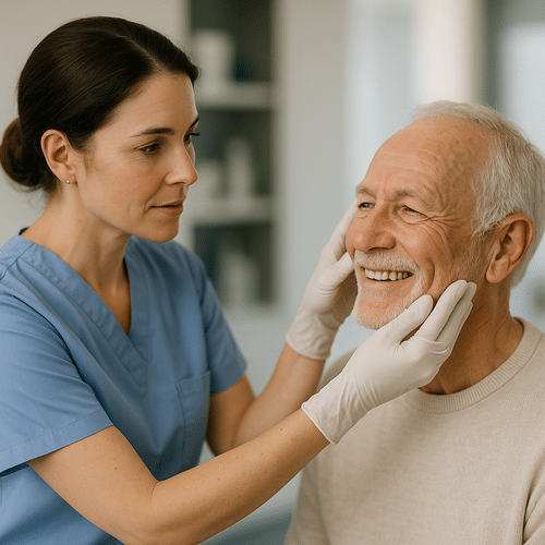 alt_text: Dermatologue en uniforme bleu examine la peau d'un patient souriant dans un cabinet moderne.