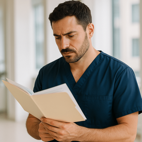 alt_text : Un professionnel de santé en uniforme bleu marine lit attentivement un dossier, moderne et lumineux.