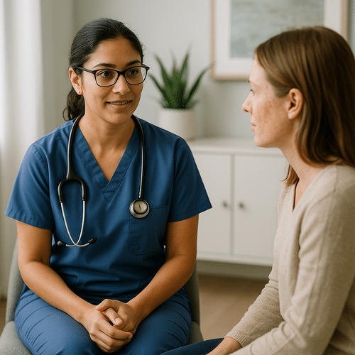 alt_text : Un médecin en uniforme bleu discute avec une patiente dans une salle moderne et apaisante.
