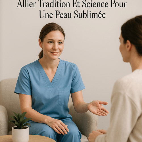 alt_text: Couverture épurée de magazine santé : pro en uniforme bleu, accueillant un patient dans un salon serein.
