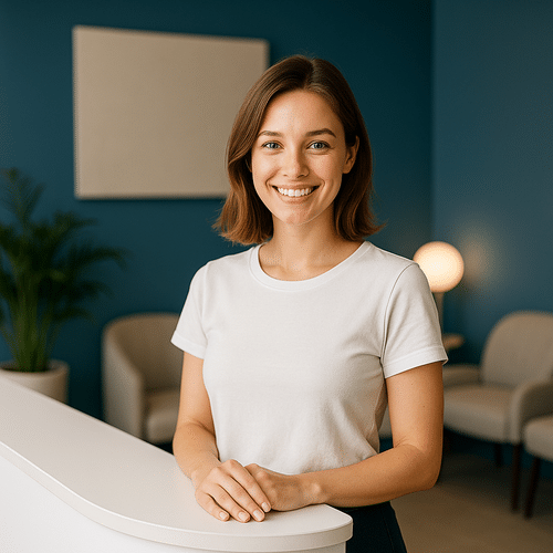 alt_text : Salle d'attente moderne bleu et blanc, accueil chaleureux avec un sourire, décor élégant et apaisant.