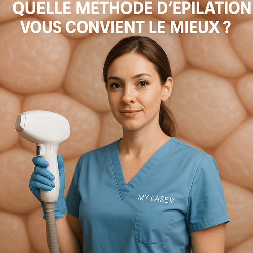 alt_text : Couverture moderne : pro en bleu My Laser, tenant un appareil, fond abstrait cellules cutanées.