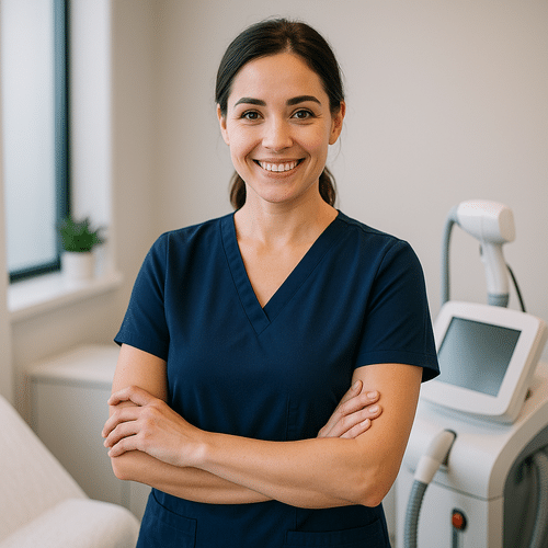 alt_text : Une professionnelle souriante en uniforme bleu marine, dans un cabinet moderne et accueillant.