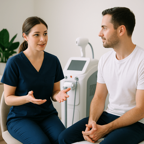alt_text : Salle moderne et apaisante, professionnel en uniforme bleu marine dialoguant avec un patient.