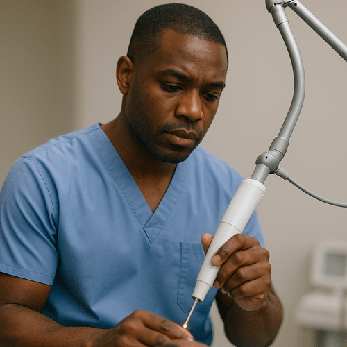alt_text : Image épurée d'un professionnel de santé en uniforme bleu, symbolisant l'innovation laser médical.