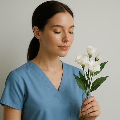 alt_text : Couverture minimaliste : soignant en bleu, fleurs blanches, feuilles vertes, ambiance calme et pro.