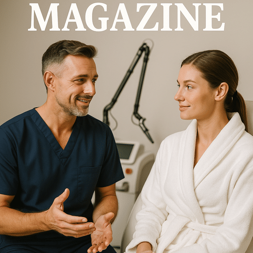 alt_text : Couverture de "My Laser Magazine" : Conversation entre un pro en uniforme bleu et une patiente.