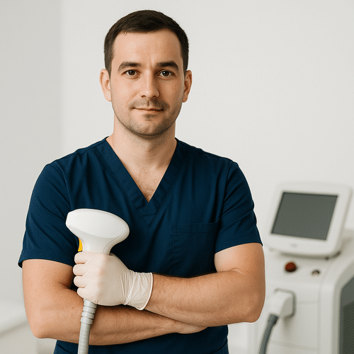 alt_text : Professionnel en bleu marine dans un cadre blanc épuré, symbolisant expertise et innovation.