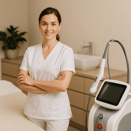 alt_text : Clinique esthétique sereine avec un professionnel souriant en uniforme devant une table élégante.