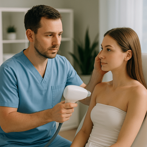 alt_text : Un dermatologue en blouse bleue consulte une patiente dans un cabinet moderne et serein.