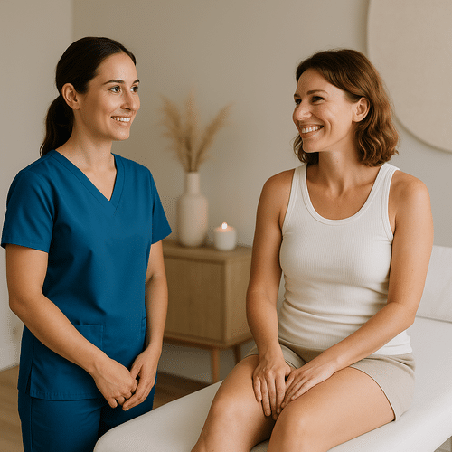 alt_text : Salle zen et moderne, pro en bleu avec patient souriant, minimalisme et confiance pour My Laser.