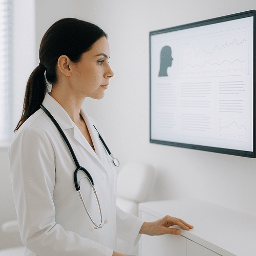 alt_text : Scène épurée et moderne d'un cabinet médical, un médecin examine des données sur un écran lumineux.