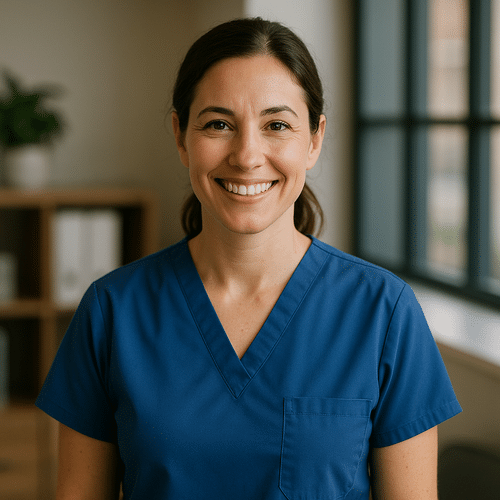 alt_text : Un pro de santé en uniforme bleu, souriant, dans un décor moderne, incarne expertise et bienveillance.