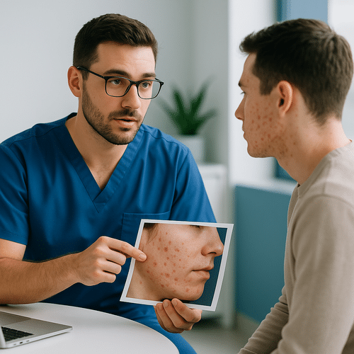alt_text : Un pro en uniforme bleu explique des résultats à un patient, cadre moderne, bleu et blanc.