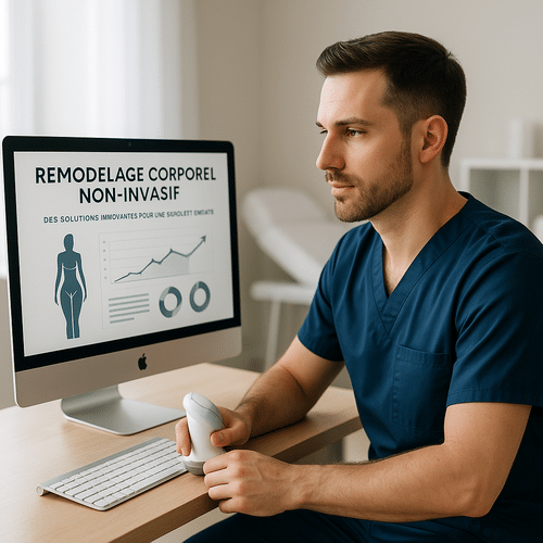 alt_text : "Salle de consultation moderne et épurée, professionnel en uniforme bleu, ordinateur avec graphiques."