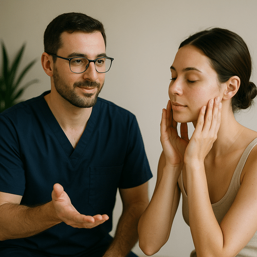 alt_text : Scène minimaliste : un professionnel rassurant en bleu marine conseille un client, atmosphère zen.