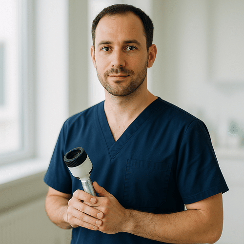 alt_text : "Un professionnel de santé en bleu marine tenant un appareil léger dans une salle lumineuse et moderne."