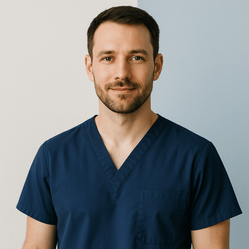 alt_text: Professionnel de santé en uniforme bleu marine, fond blanc et bleu pâle, sérénité moderne.