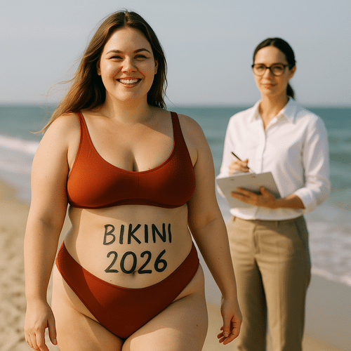 alt_text : Femme sur une plage, visée bikini 2026 avec soutien professionnel en arrière-plan, ambiance sereine.