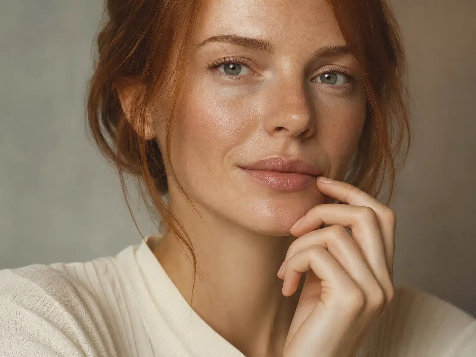 Injection d'acide hyaluronique des lèvres au rendu naturel : femme rousse aux taches de rousseur, doigts posés près des lèvres