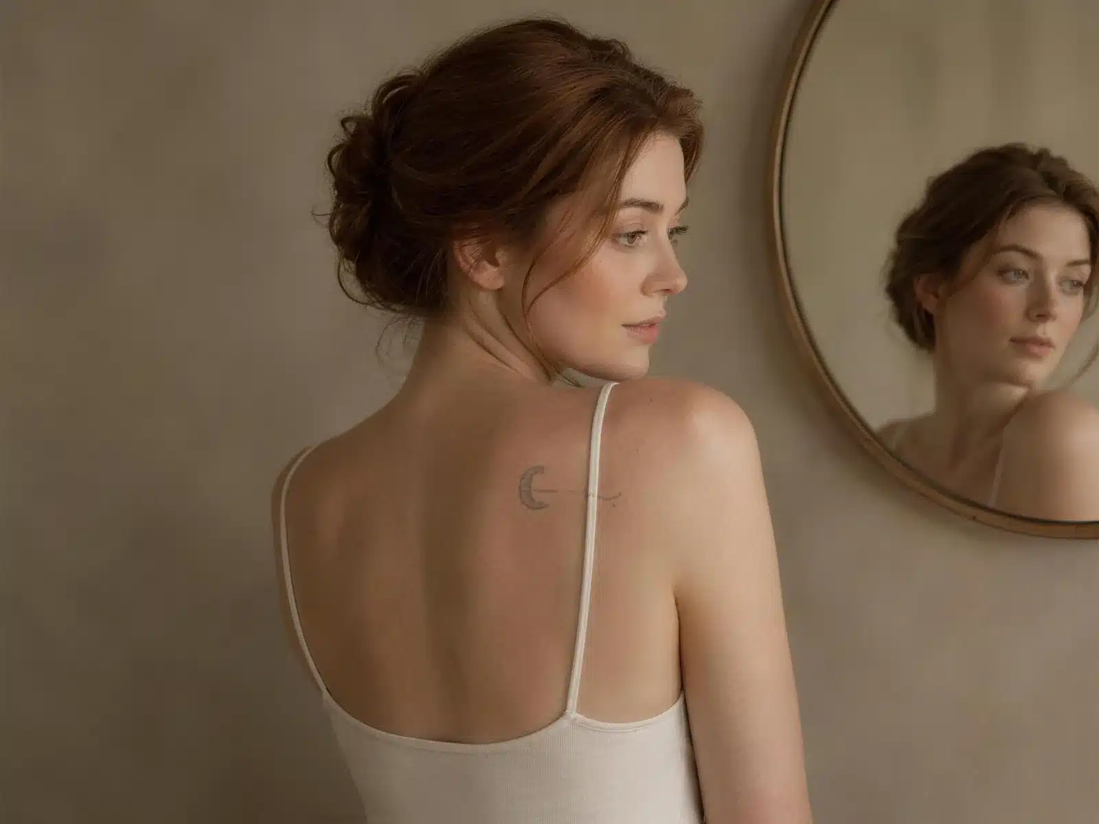 Détatouage laser à Lille : femme rousse de dos, chignon et top ivoire à bretelles fines, petit croissant de lune tatoué en gris estompé sur l'omoplate, son visage reflété dans un miroir rond