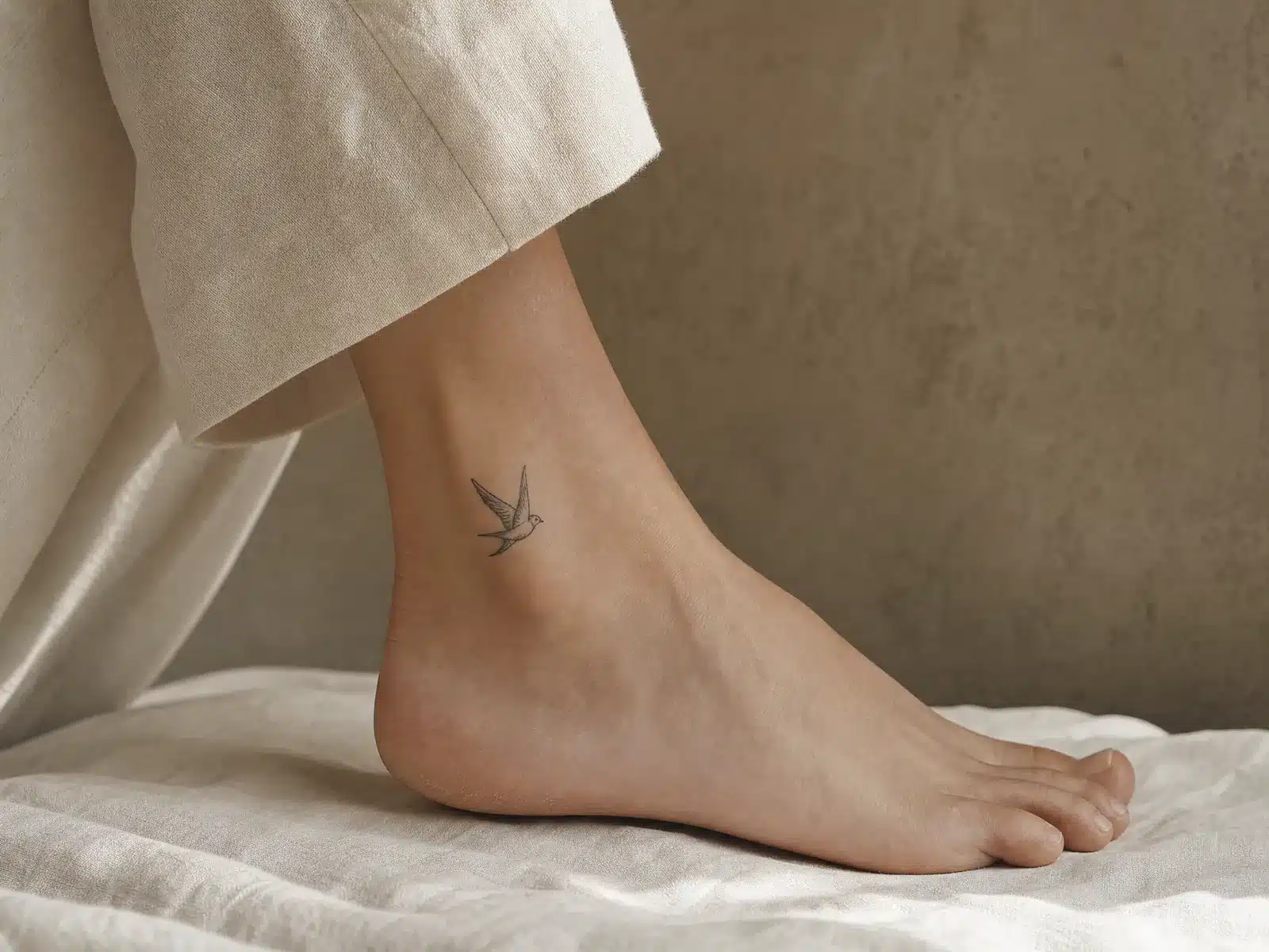 Détatouage laser à Lyon : petit tatouage d'hirondelle au trait fin sur la cheville d'une femme, pantalon en lin crème