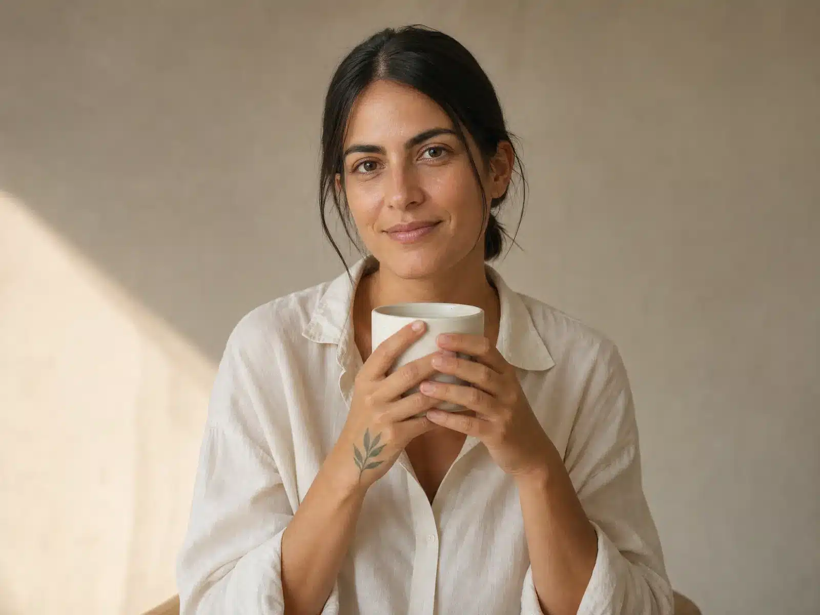 Détatouage laser à Marseille : femme tenant une tasse en céramique, petit tatouage de feuille verte sur le côté de la main