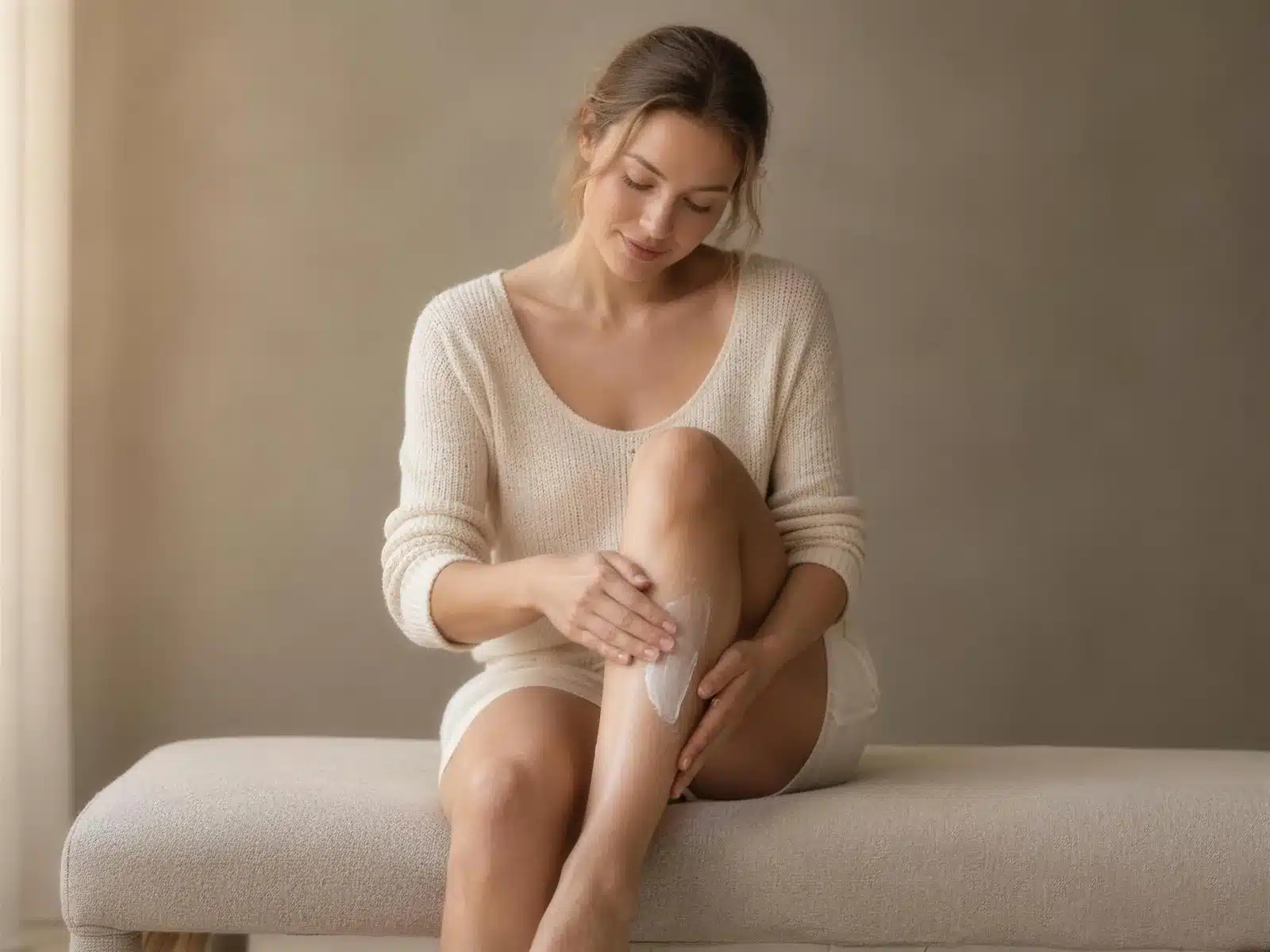 Épilation laser à Lille : femme assise sur un banc en lin, top crème, appliquant une crème apaisante sur sa jambe lisse