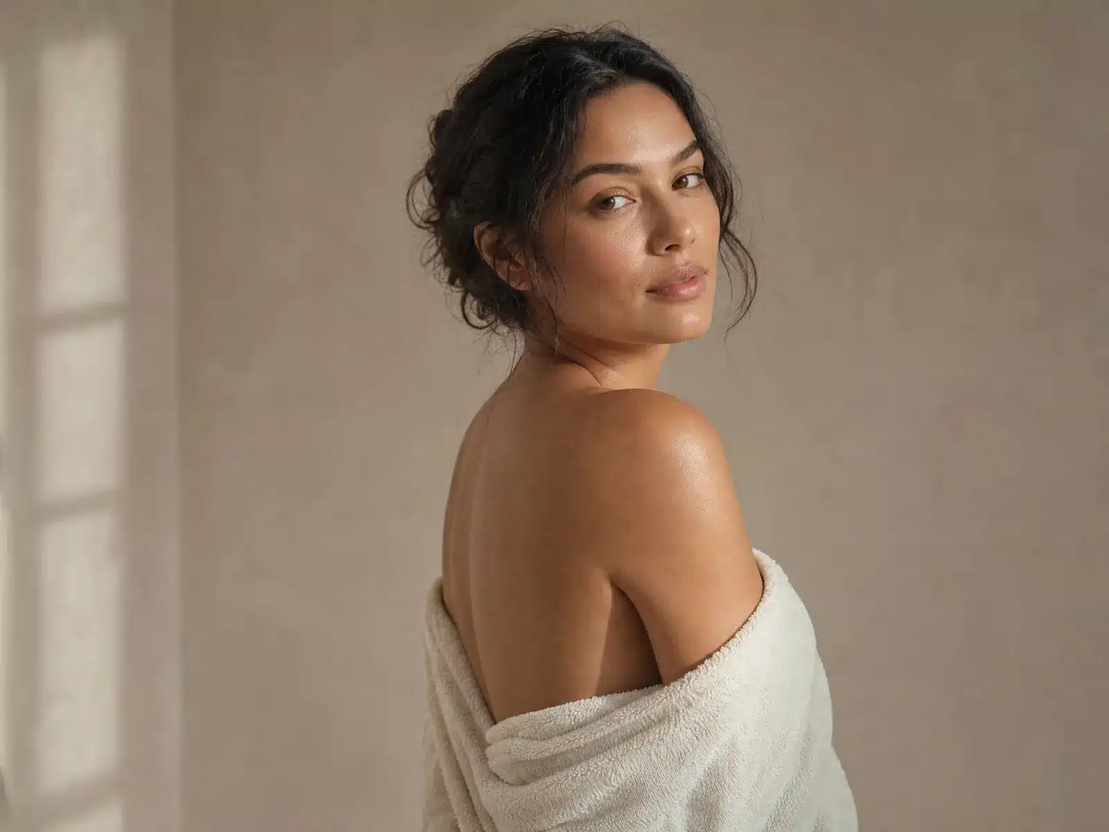 Peau lumineuse de l'épaule après un peeling du dos à Bordeaux : femme de trois quarts dos regardant par-dessus son épaule, serviette ivoire