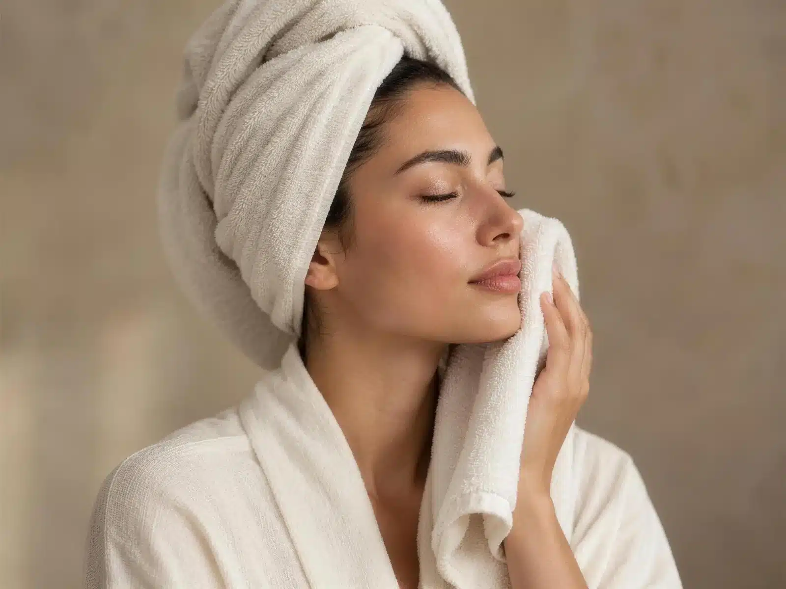 Soin apaisant après un peeling à Lille : jeune femme aux cheveux enveloppés dans une serviette ivoire, yeux fermés, une serviette douce pressée sur la joue